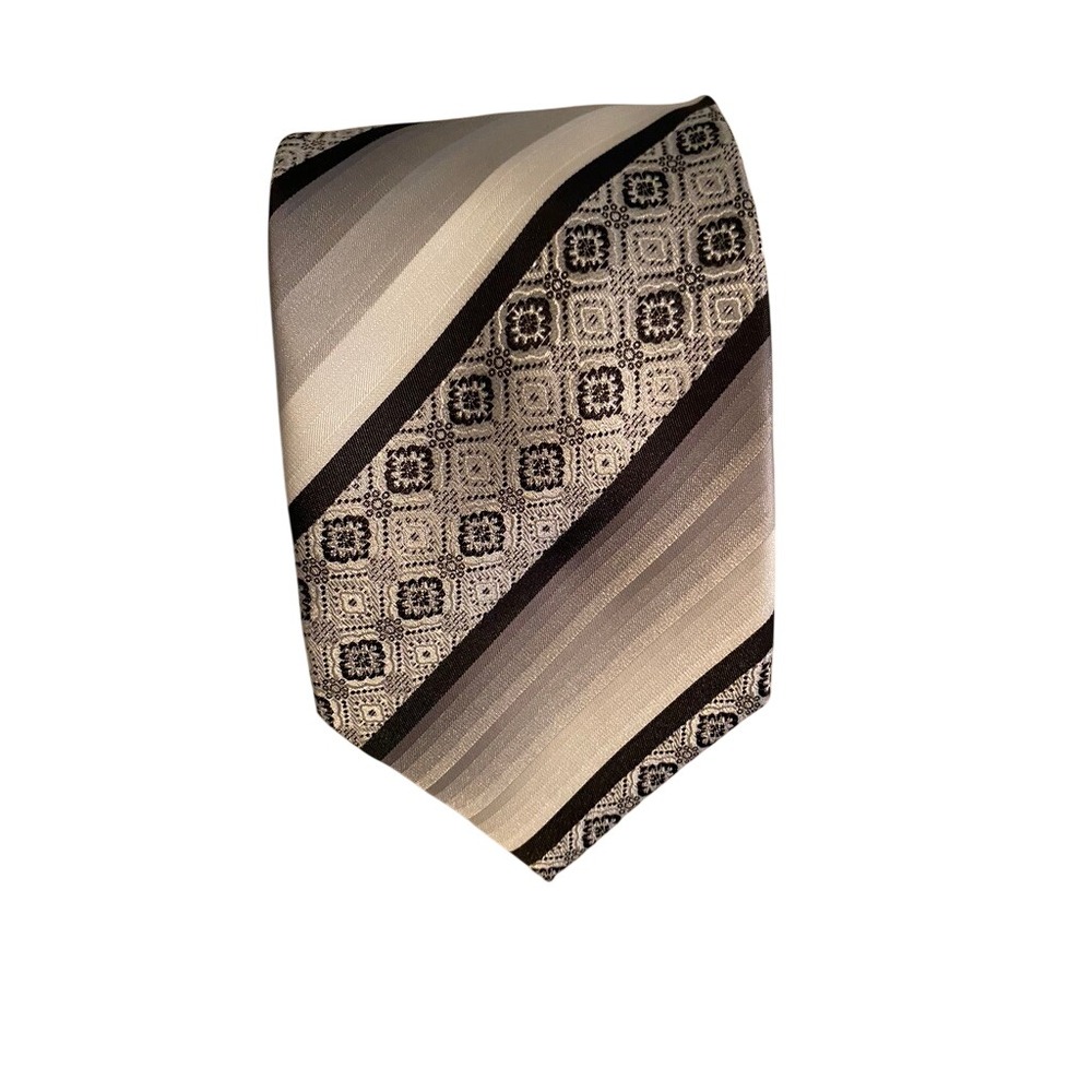 Fratello Mens Silk Necktie Gray Black White Geometric Floral Stripe Formal Tie